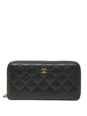 Chanel CC Logo Quilted Zip Around Wallet Black Caviar Leather